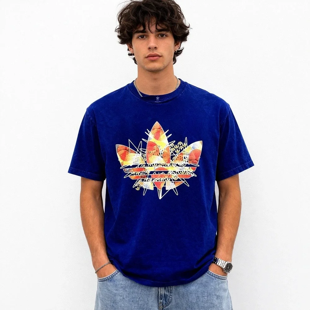 Adidas Originals Trefoil Graphic T Shirt Blue‎ Orange Logo Streetwear Mens M